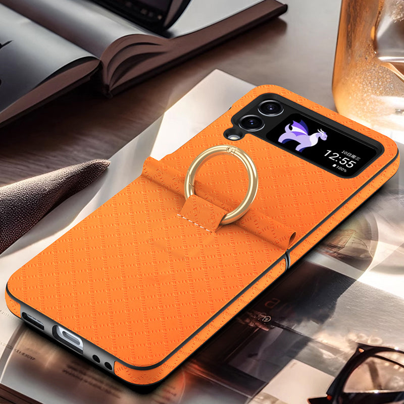 GKK Anti-Fall Phone Case for Samsung Galaxy Z Flip3 5G Hard PC PU Grids Imprinted Phone Shell with Ring Finger Holder GKK Anti-Fall Phone Case for Samsung Galaxy Z Flip3 5G Hard PC PU Grids Imprinted Phone Shell with Ring Finger Holder